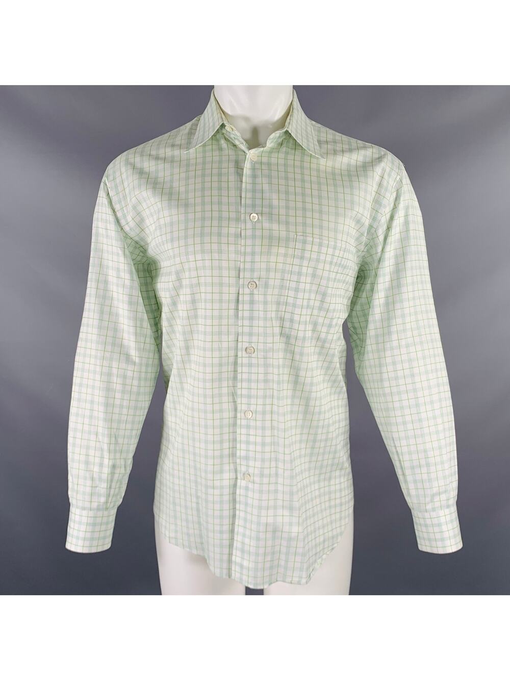BRIONI Size M White Green Plaid Cotton Button Up Long Sleeve Shirt